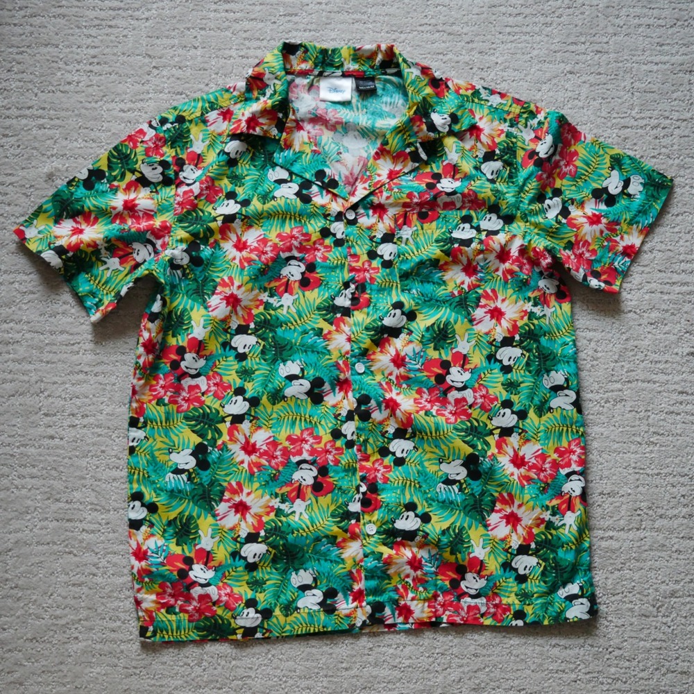 Disney Mickey Mouse Tropical Hawaiian Shirt Mens Medium Cotton Floral Camp Top